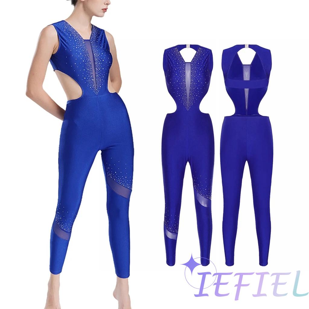 Rhinestone Banding Trim - Women Sleeveless Shiny Rhinestones Jumpsuit Rhythmic