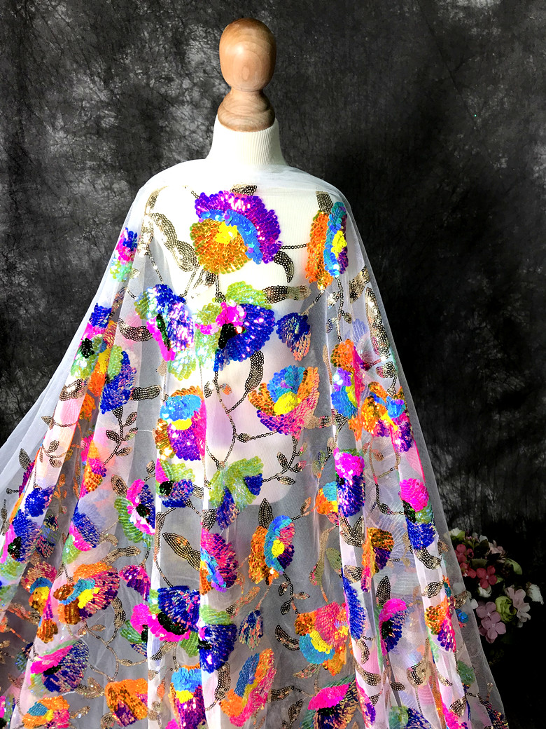 Crystal Mesh Fabric - Colorful Crystal Sequins Flower Shiny Mesh