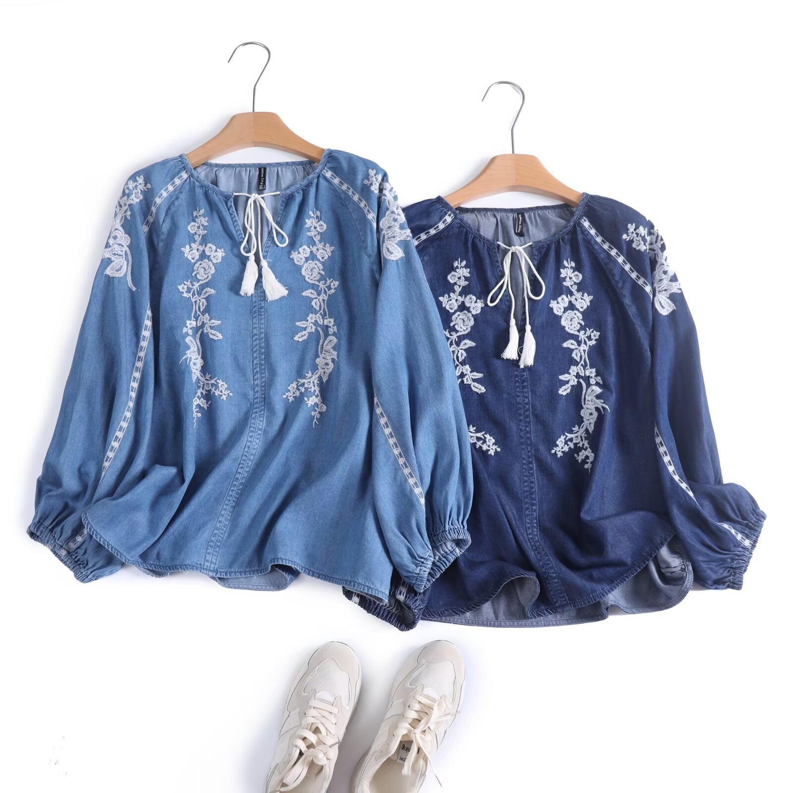 Tassel Fringe Trim - Women Denim Blouse Top Flower Embroidery