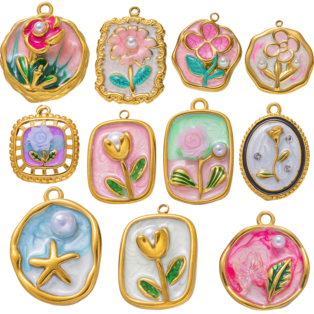 Embellishment Crafts - 2pcs Gold Stainless Steel Enamel Flower