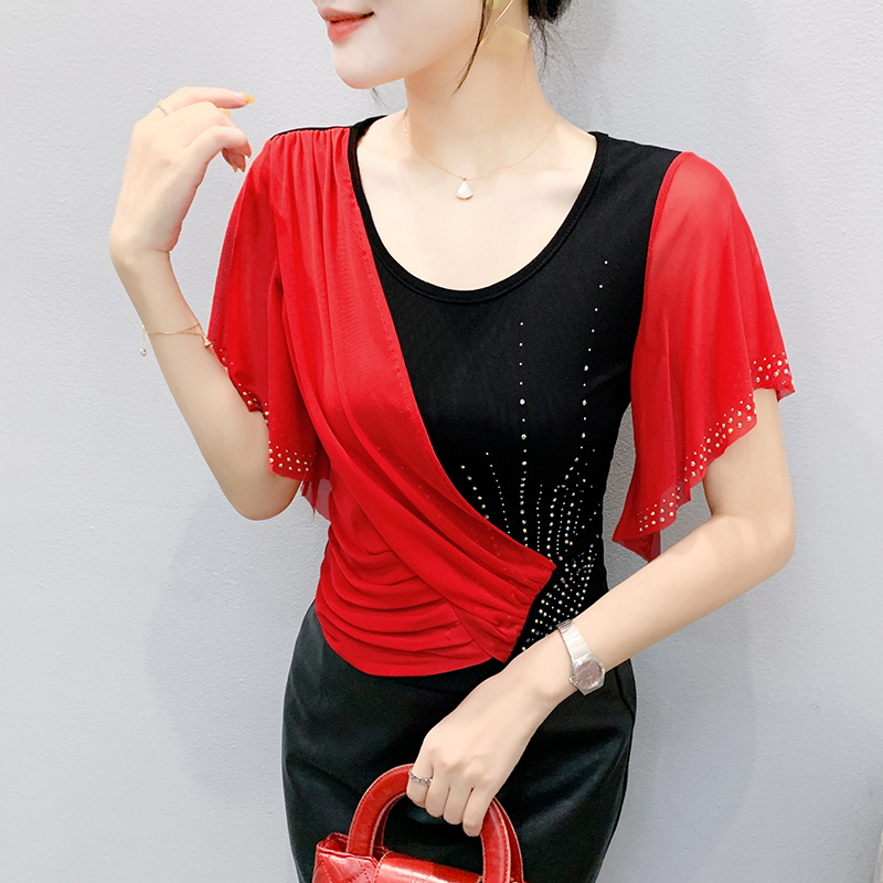 Beaded Trim Fringe - 2025 Summer Women's Mesh Top: Color-Block