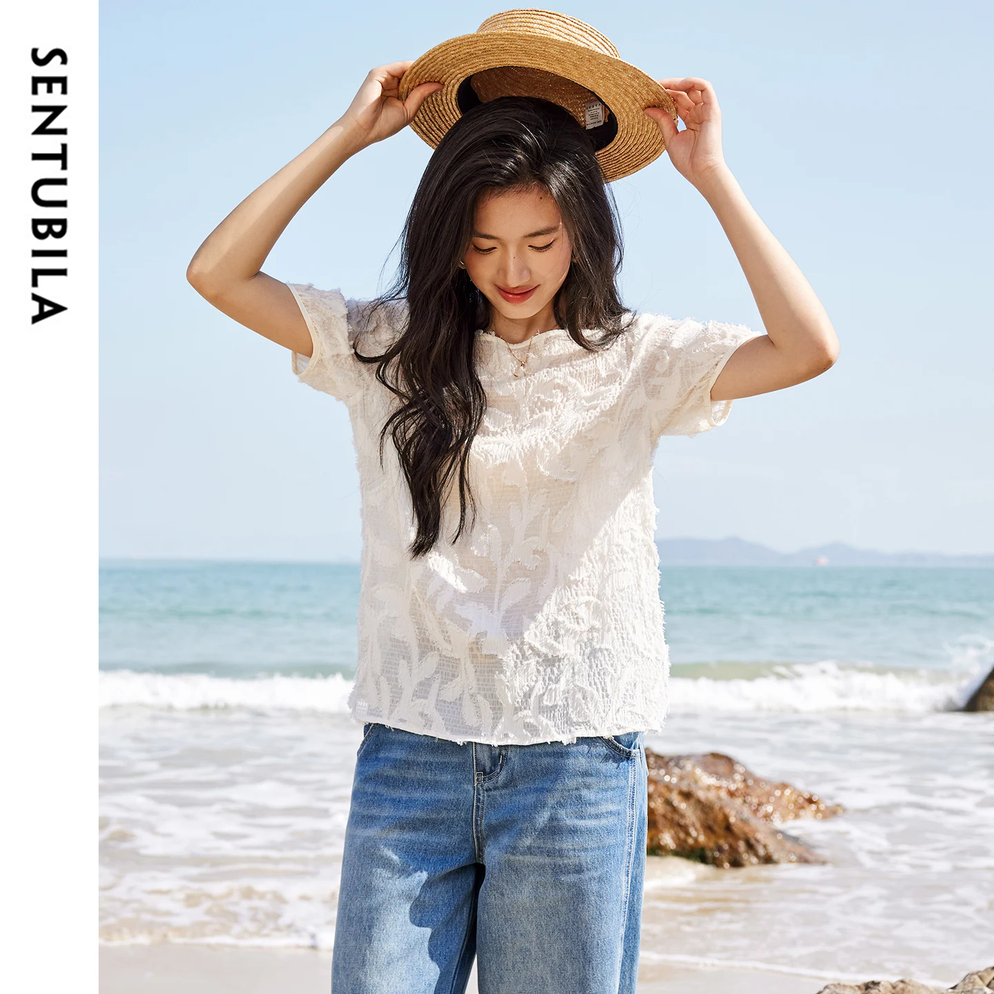 Tassel Fringe Trim - SENTUBILA Women's One-Shoulder Short Sleeve Blouse