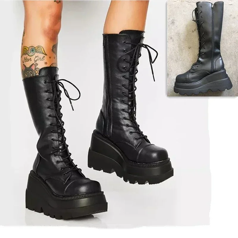 Guipure Lace Panel - Punk Women Platform Boots Elastic Microfiber
