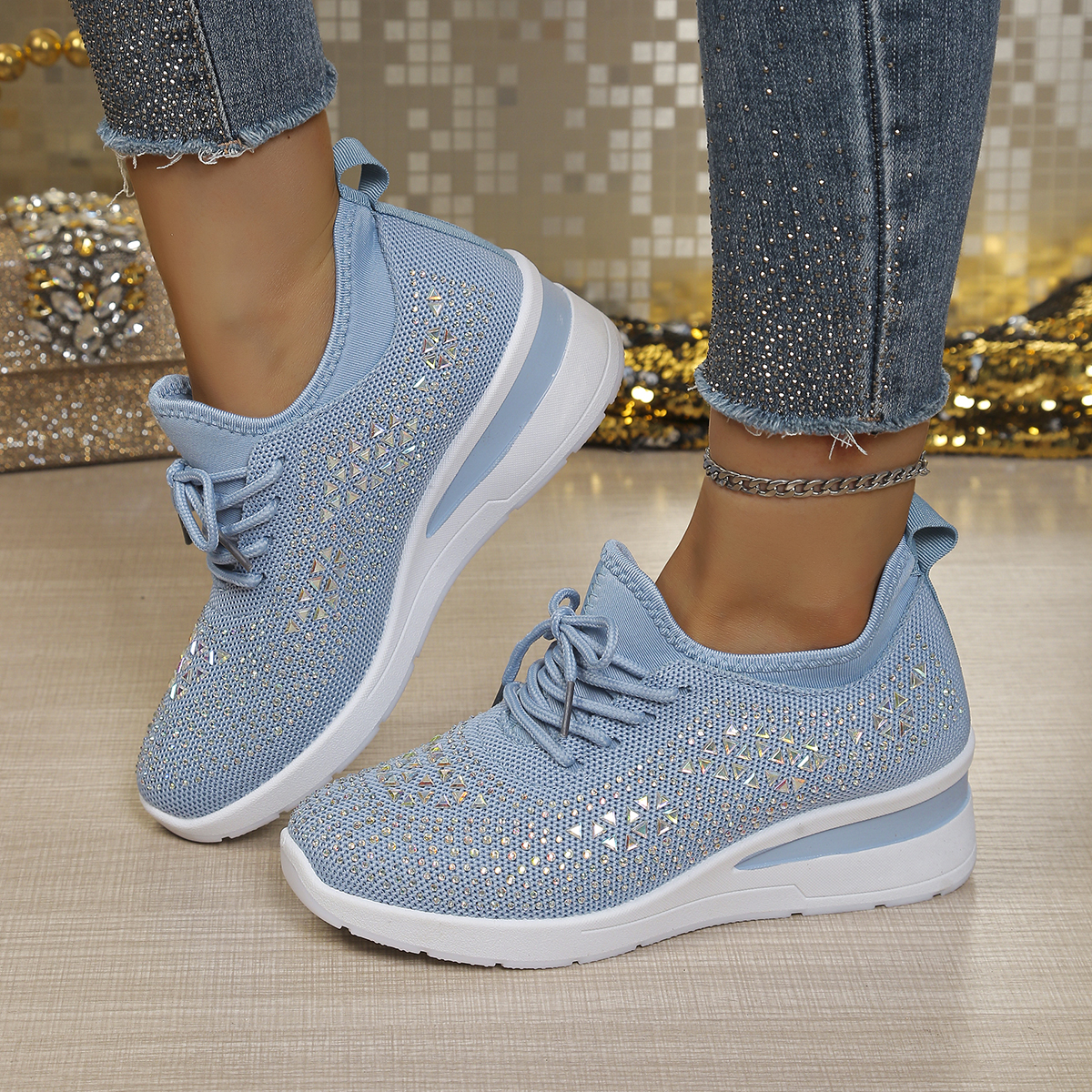 Crystal Mesh Fabric - Glitter Rhinestone Knit Mesh Wedge Shoes