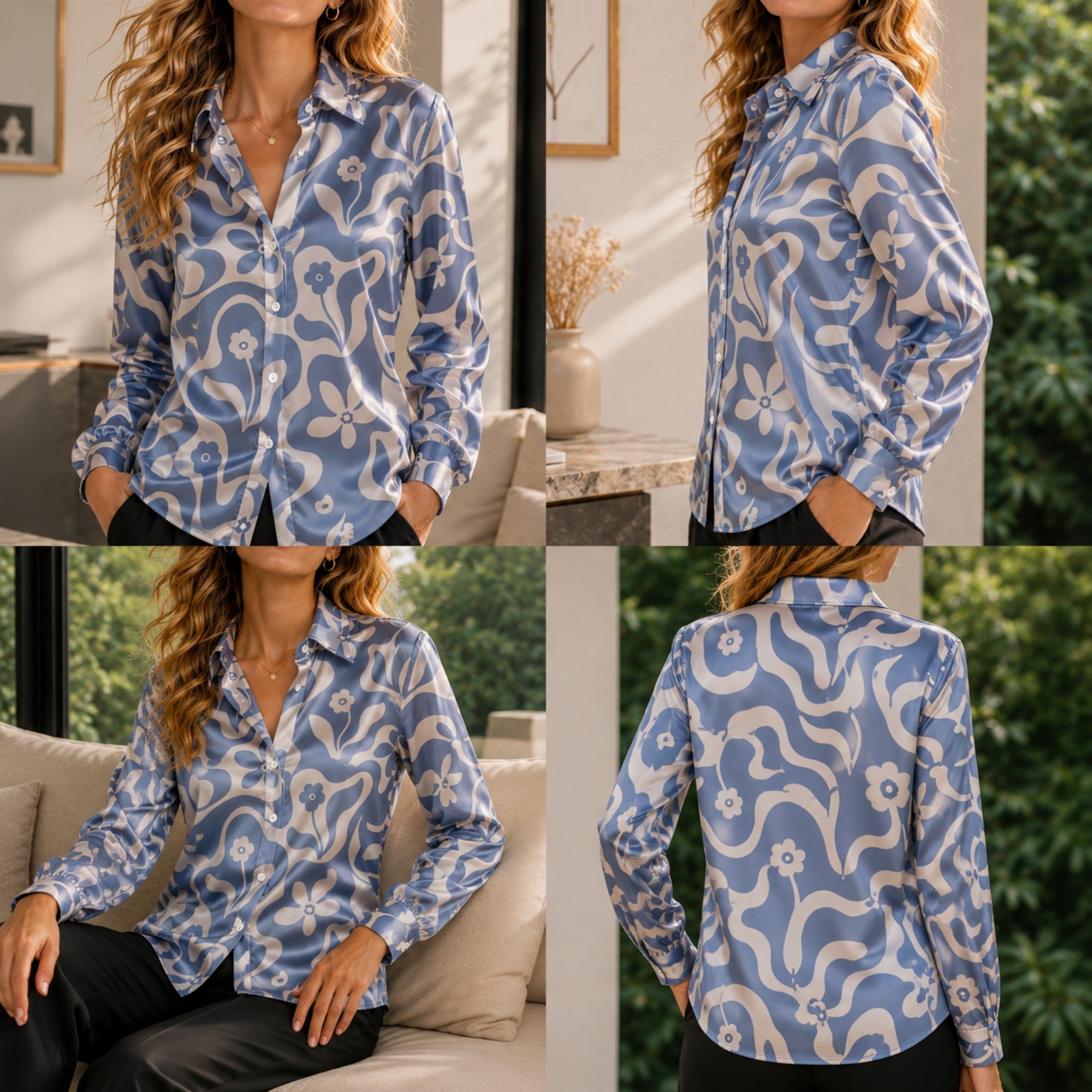 Embellish Knit - Women Green Satin Blouse White Floral