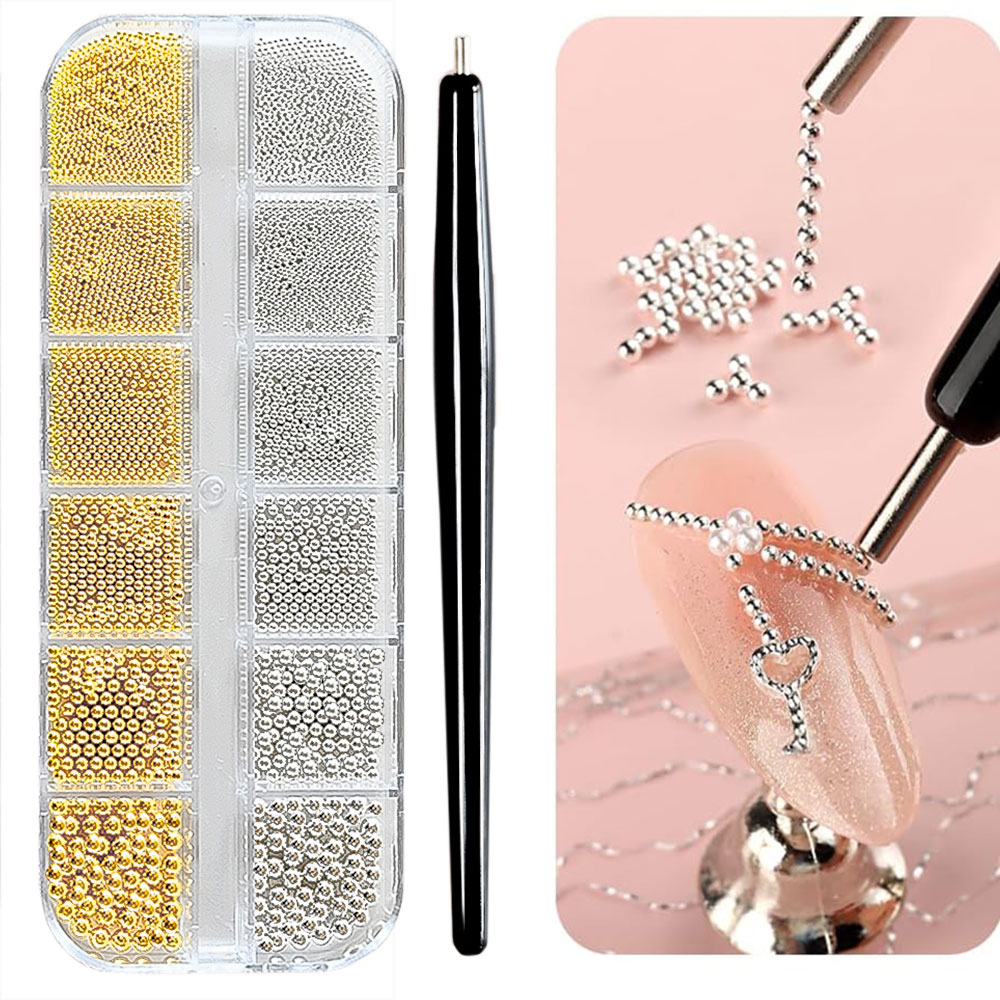 Sew On Rhinestone - 12Grid Gold/Silver Mini Caviar Beads Nail