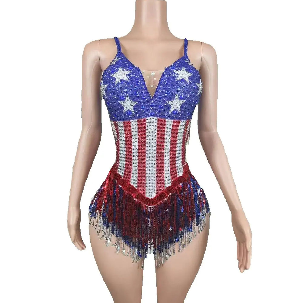 Rhinestone Banding Trim - Customized Sparkly Rhinestones Tassel Bodysuit for