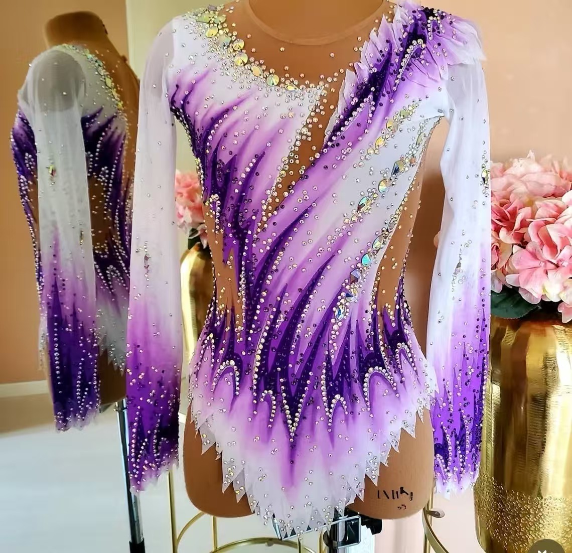Rhinestone Banding Trim - Girls Purple White Rhythmic Gymnastics Leotard