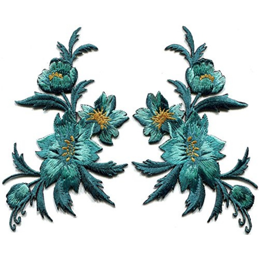 Applique Patch Flower - 3 x 5.13 inches. Blue Green