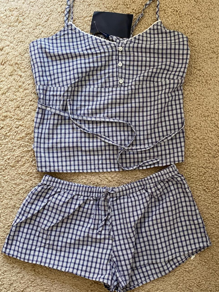 Elastic Lace Trim - Navy Plaid Tank Shorts 2 Piece