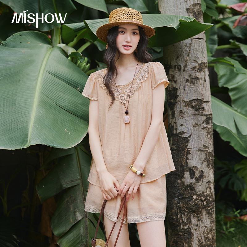 Elastic Lace Trim - MISHOW Lace Round Neck Top Shorts