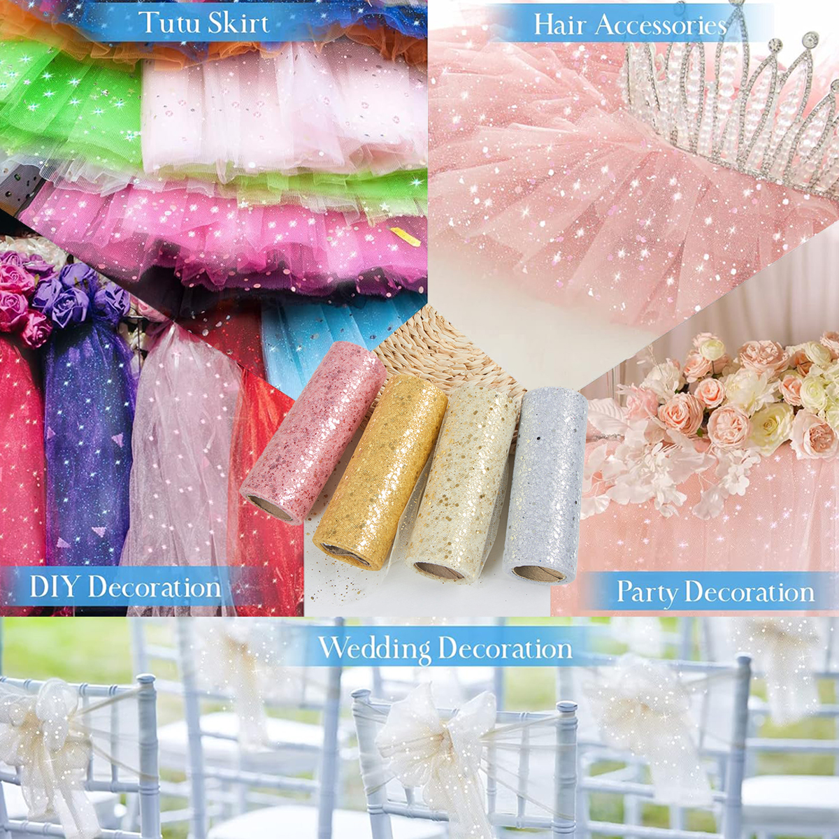Organza Ribbon Spool - Glitter Tulle Rolls Birthday Party Decoration