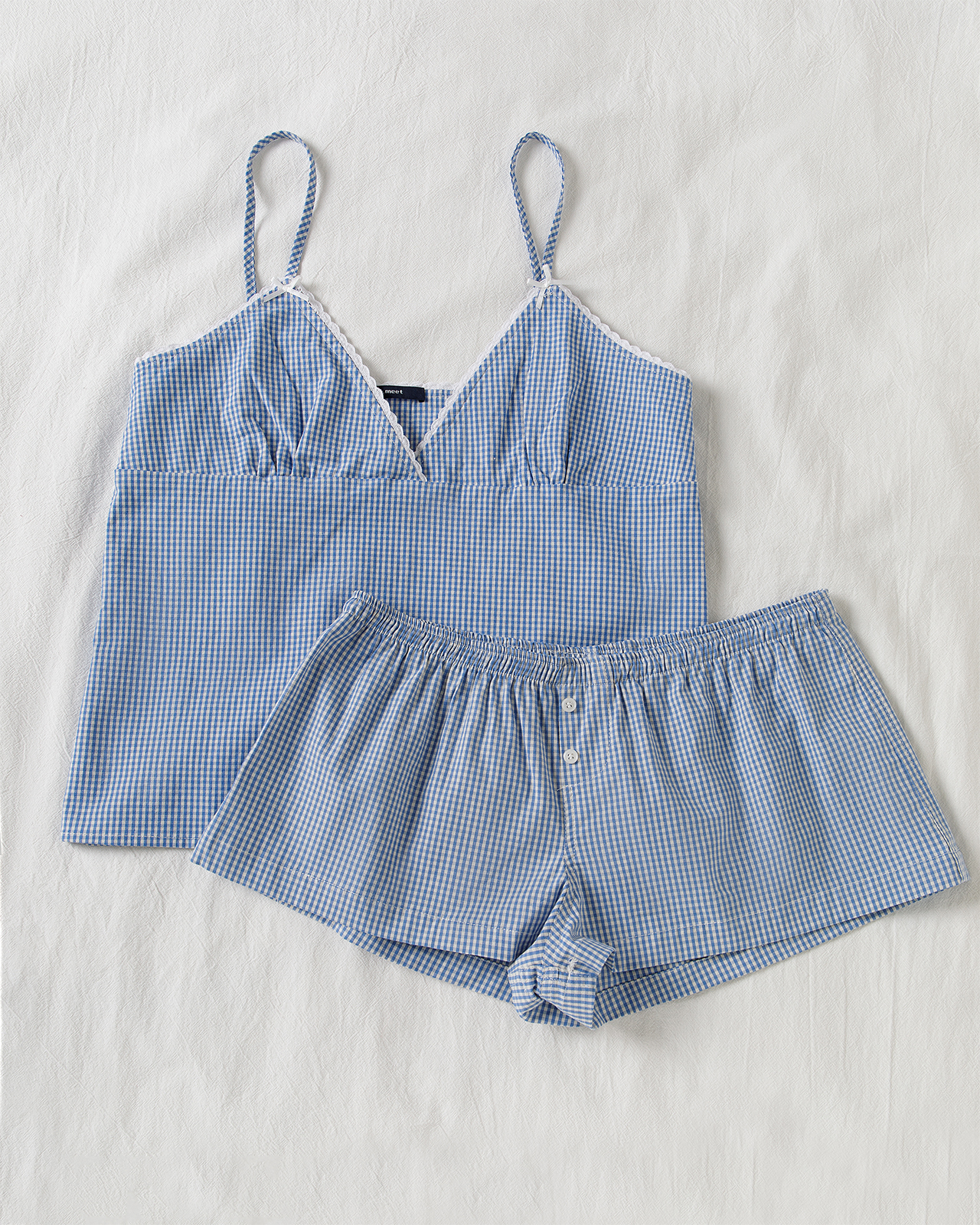 Elastic Lace Trim - Blue Plaid Shorts 2 Piece Set