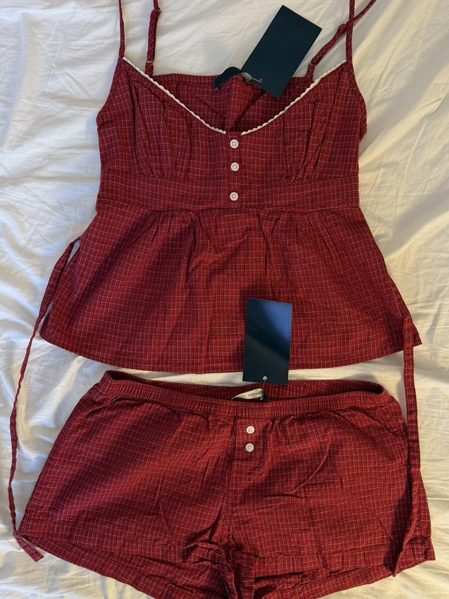 Elastic Lace Trim - Red Plaid Buttons Tank Shorts Set