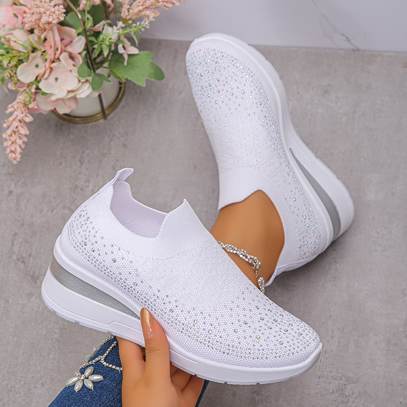 Crystal Mesh Fabric - Rhinestone Decor Wedge Sneakers for Women