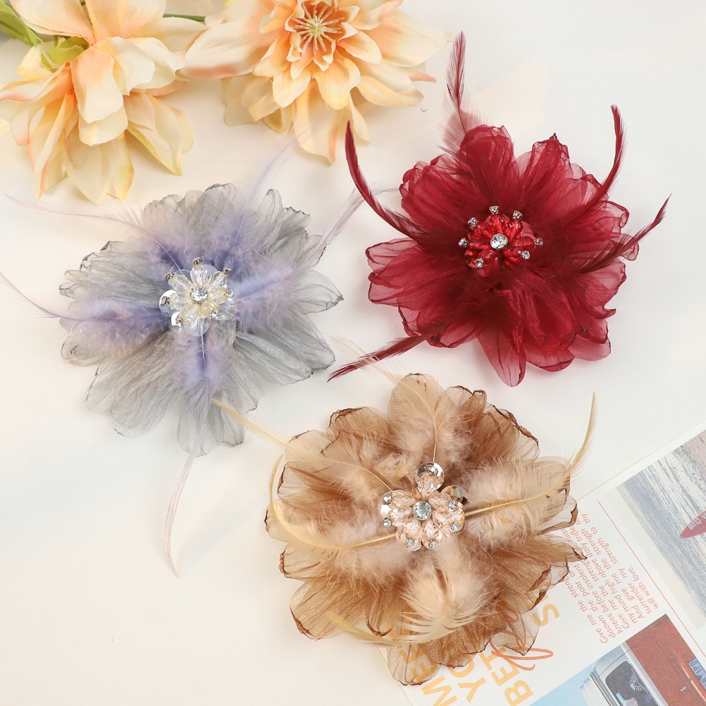 Crystal Mesh Fabric - Handmade Mesh Feather Flower Brooches for