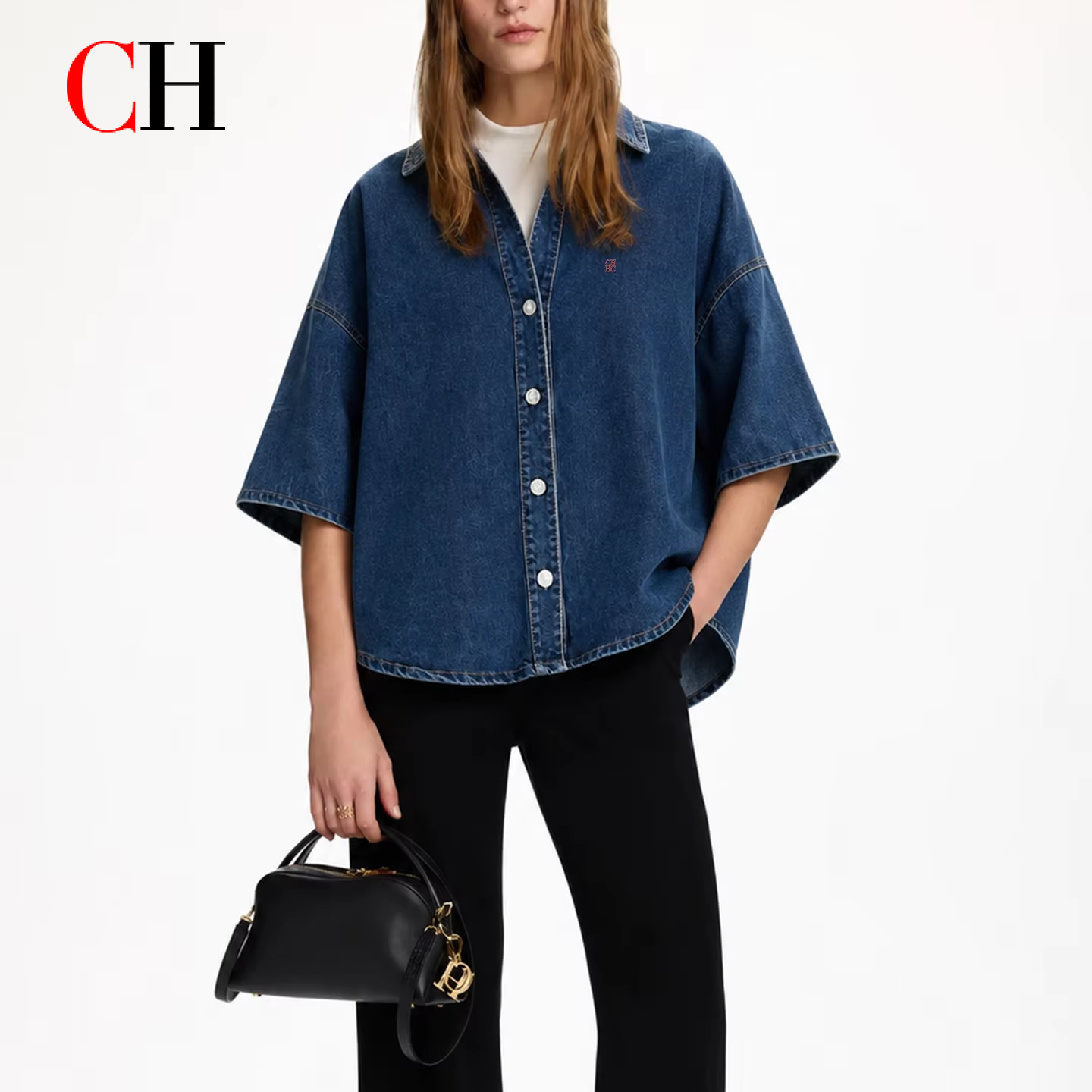 Embellish Knit - CH Letter Embroidered Solid Color Denim