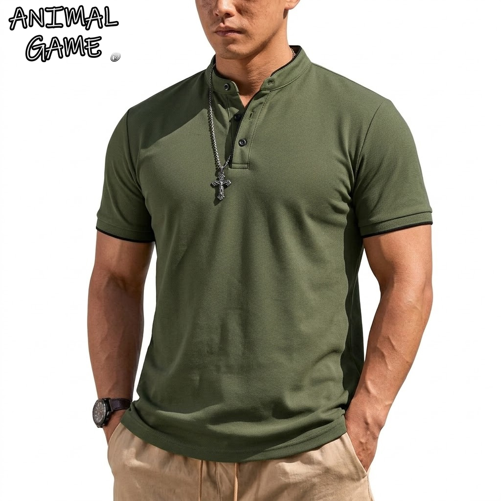 Embellish Knit - Summer Short Sleeve Henley Shirt Men