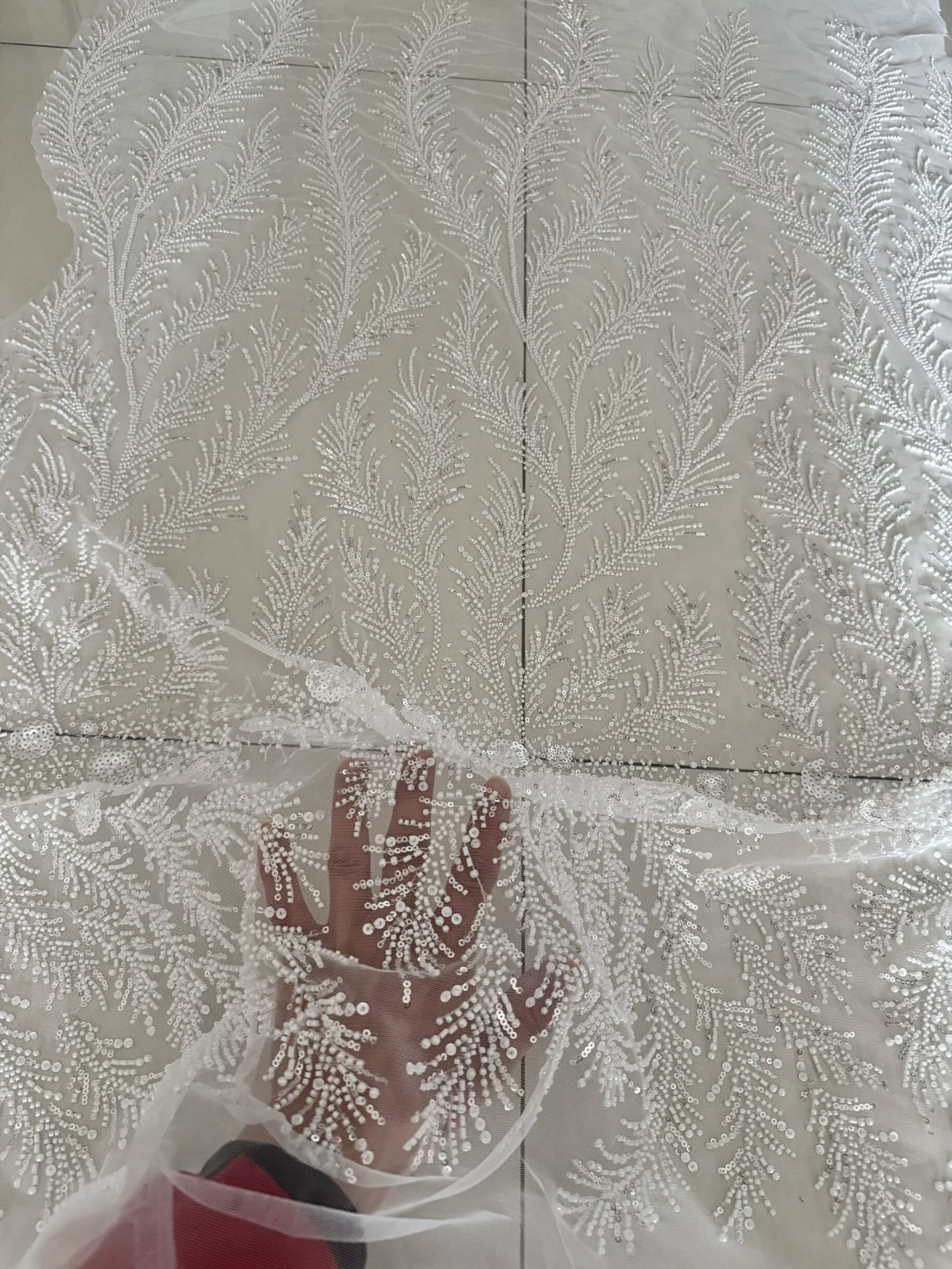 Crystal Mesh Fabric - White Beaded Pearl Crystal Sequin Mesh