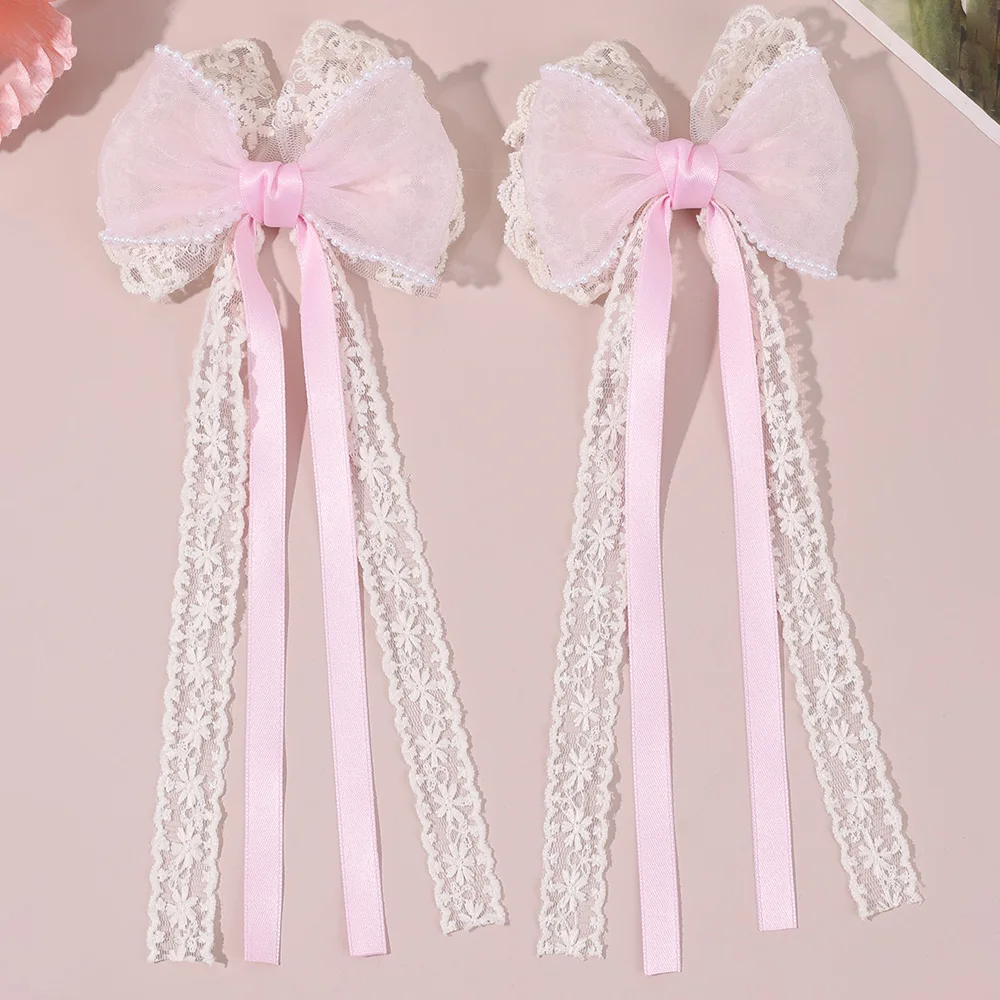 Lace Ribbon Trim - 2Pcs Beige Lace Bow Hair Clips