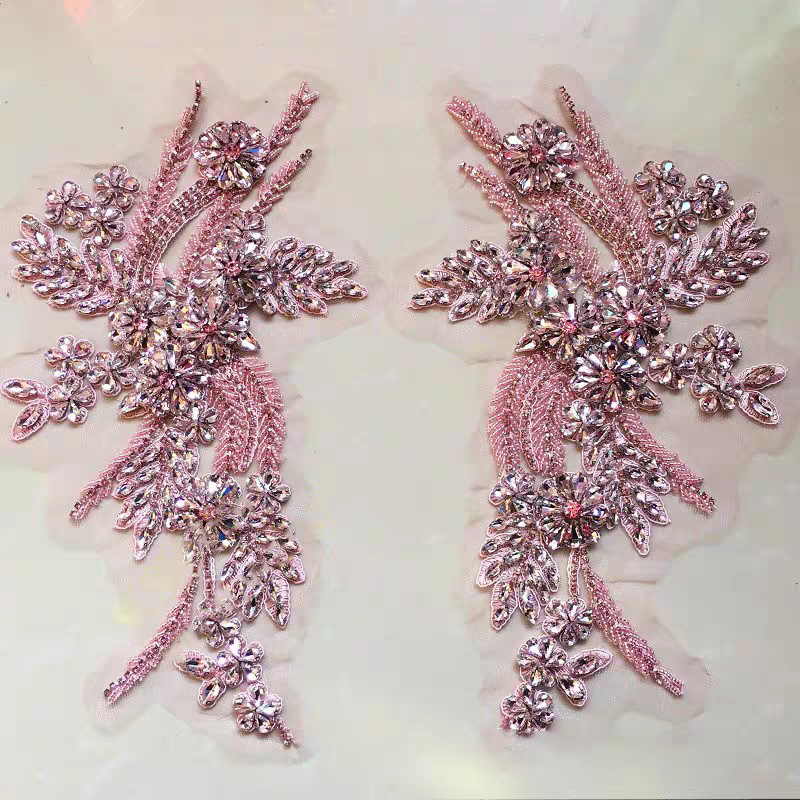 Sew On Rhinestone - Beaded floral appliqués, hand-sewn rhinestone symmetrical