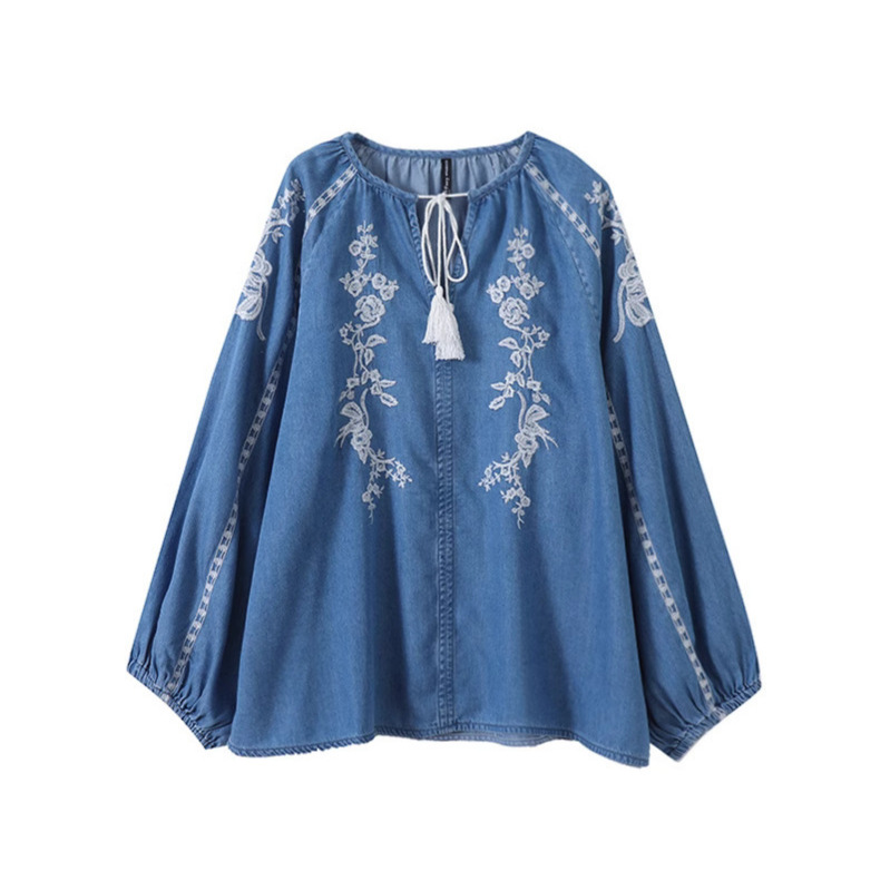 Women Denim Blouse Top Flower  - Tassel Fringe Trim incelemesi ve fiyatı