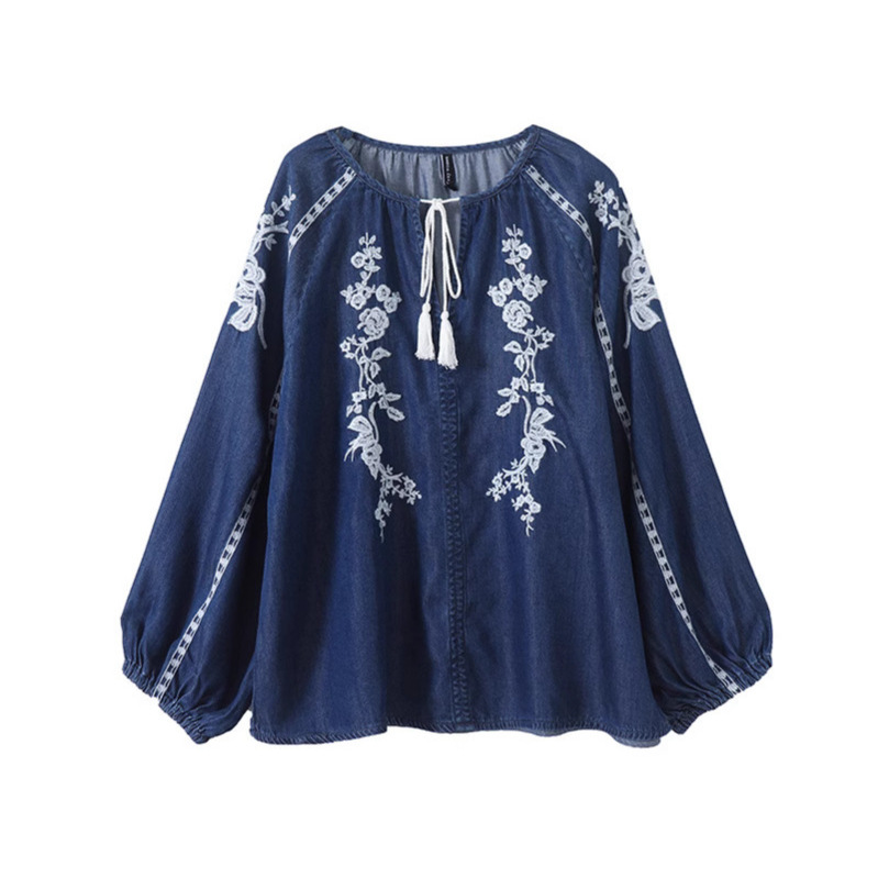 Women Denim Blouse Top Flower  - Tassel Fringe Trim incelemesi ve fiyatı