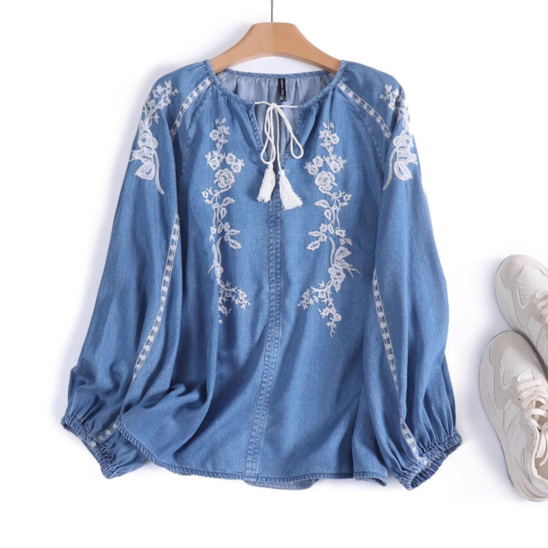 Women Denim Blouse Top Flower  - Tassel Fringe Trim incelemesi ve fiyatı