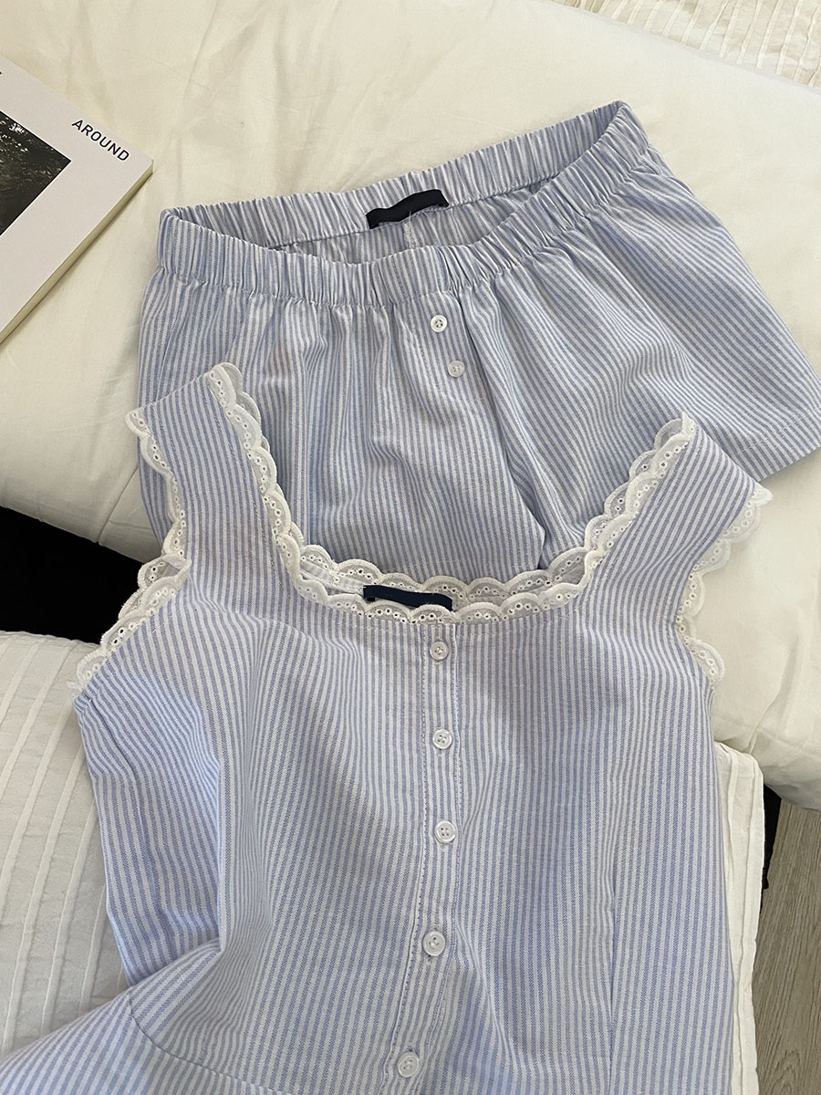 Blue Striped Shorts 2 Piece Se - Elastic Lace Trim incelemesi ve fiyatı
