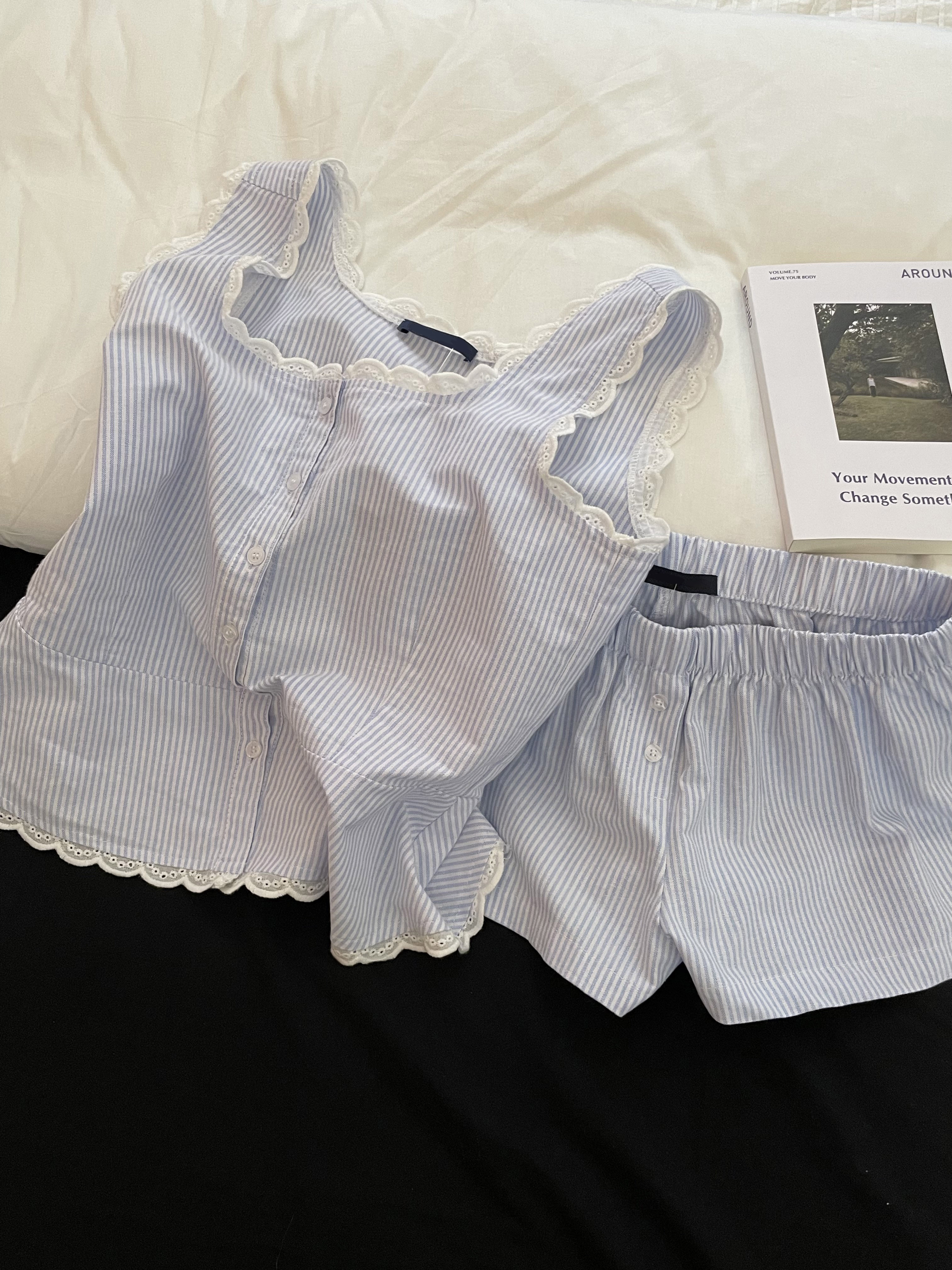 Blue Striped Shorts 2 Piece Se - Elastic Lace Trim incelemesi ve fiyatı