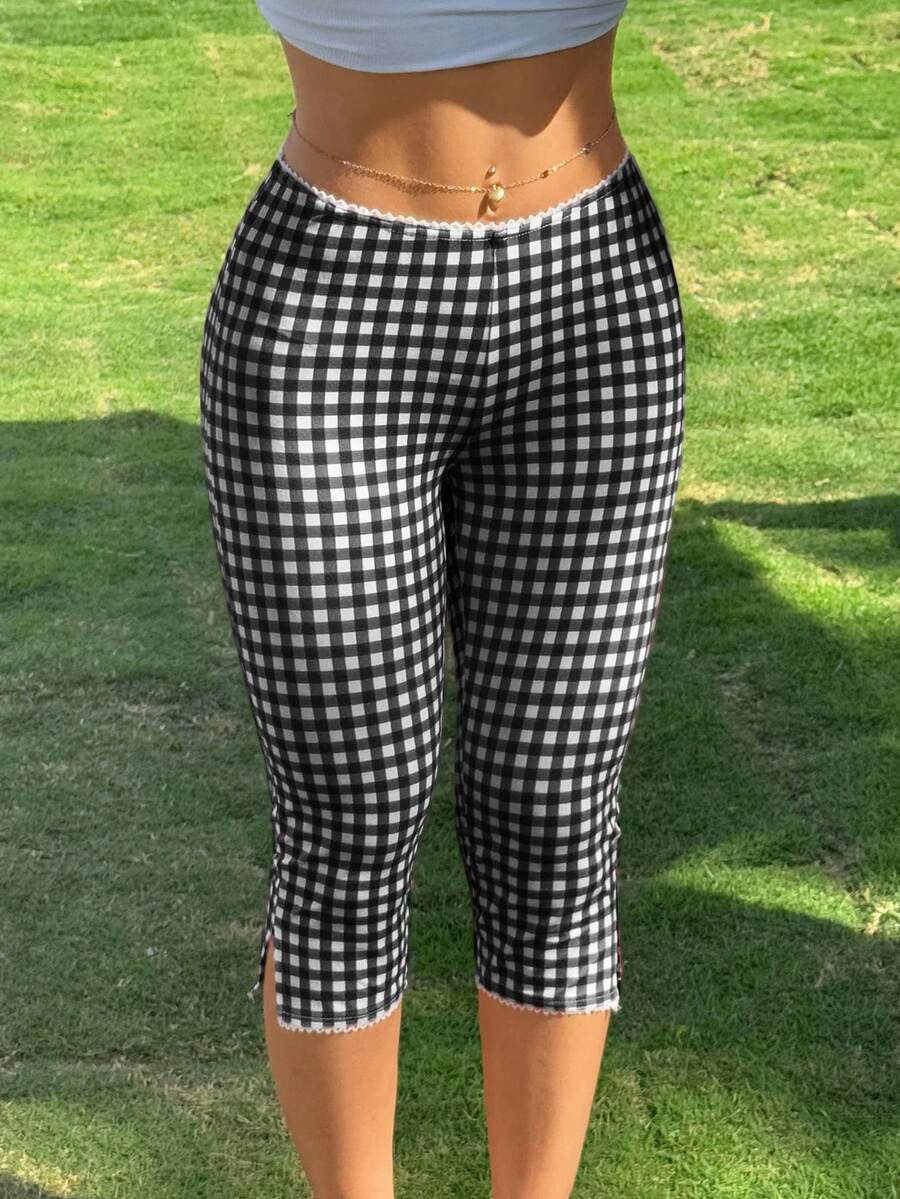 Women Coffee Brown Plaid Knit  - Elastic Lace Trim incelemesi ve fiyatı