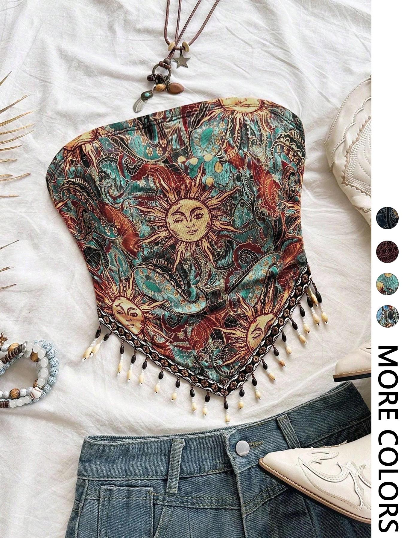 Ladies' 1pc Printed Mesh Knitt - Beaded Trim Fringe incelemesi ve fiyatı