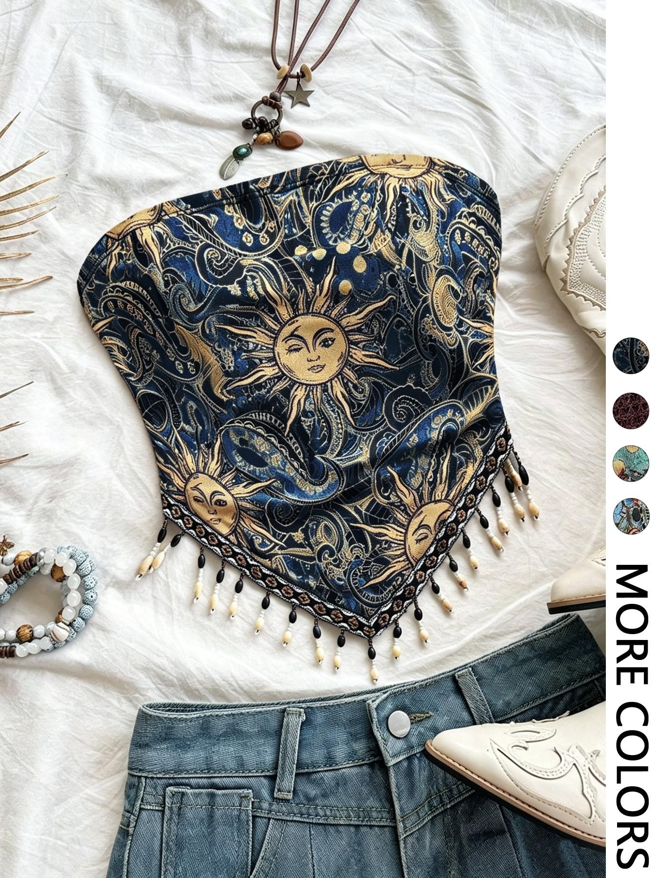 Ladies' 1pc Printed Mesh Knitt - Beaded Trim Fringe incelemesi ve fiyatı