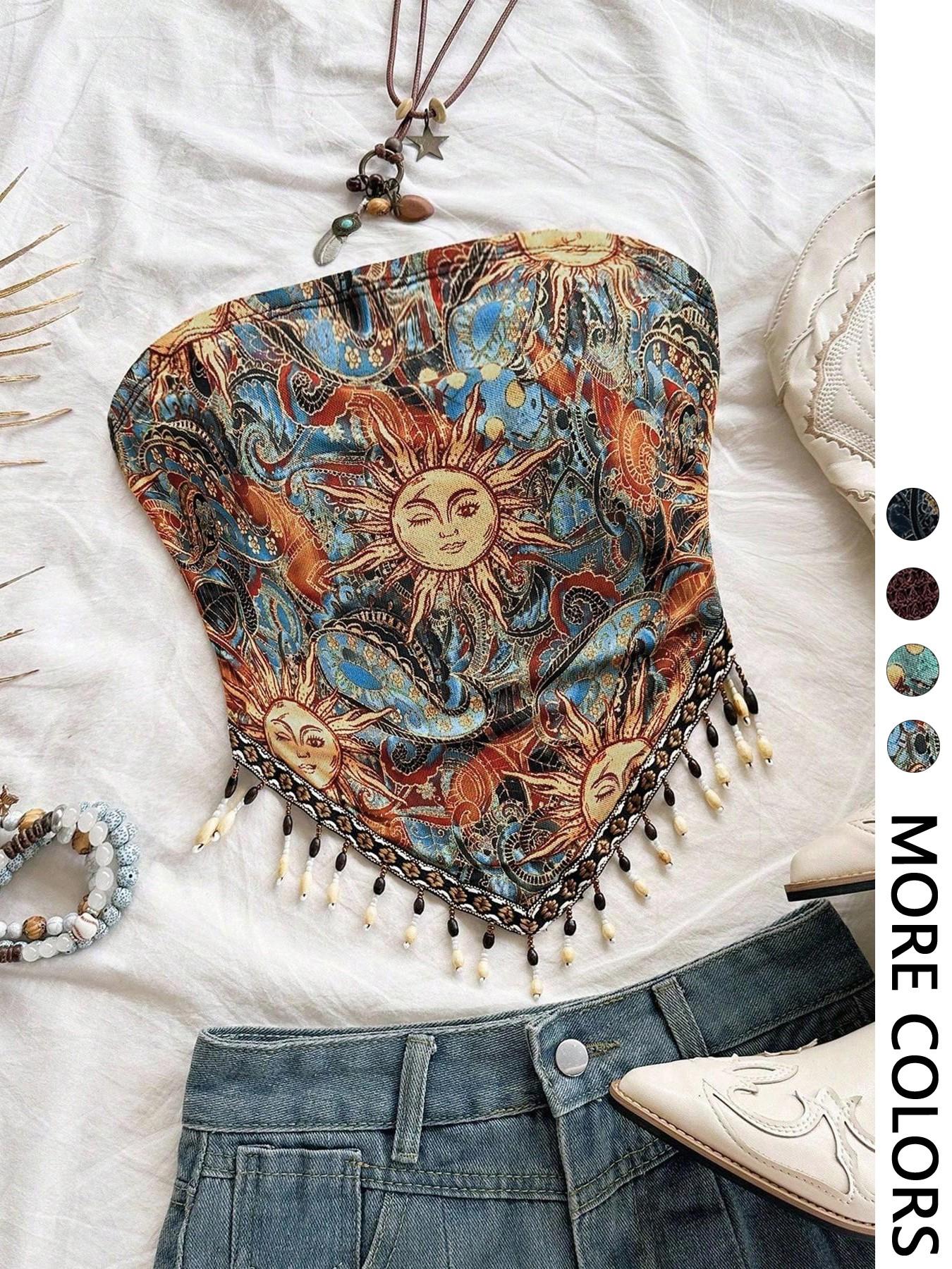 Ladies' 1pc Printed Mesh Knitt - Beaded Trim Fringe incelemesi ve fiyatı