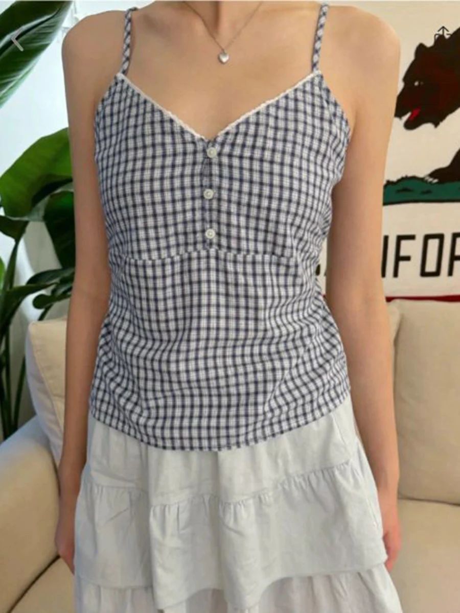 Navy Plaid Tank Shorts 2 Piece - Elastic Lace Trim incelemesi ve fiyatı