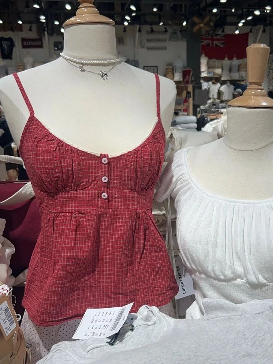 Red Plaid Buttons Tank Shorts  - Elastic Lace Trim incelemesi ve fiyatı