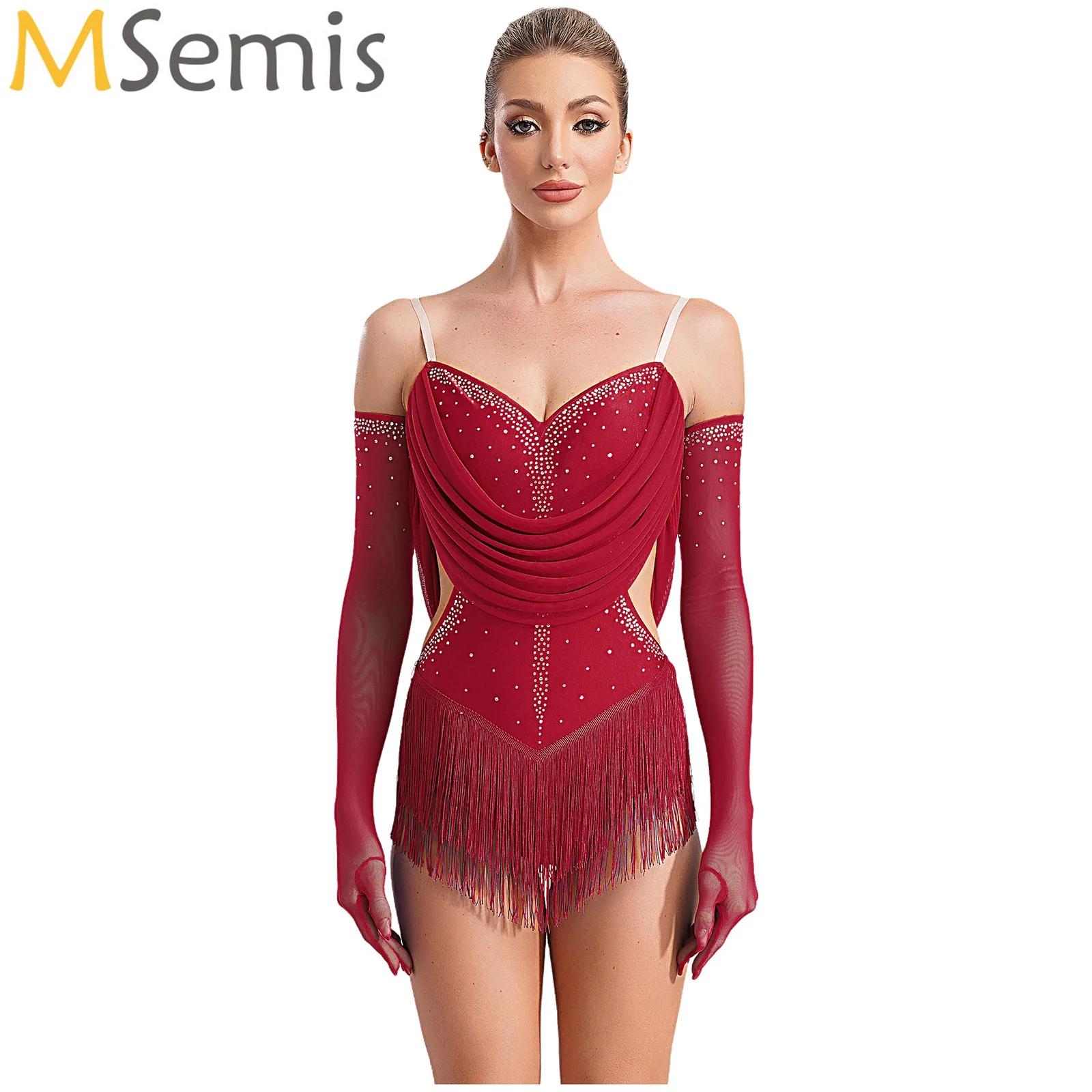 Women Ruched Mesh Tassel Latin - Rhinestone Banding Trim incelemesi ve fiyatı